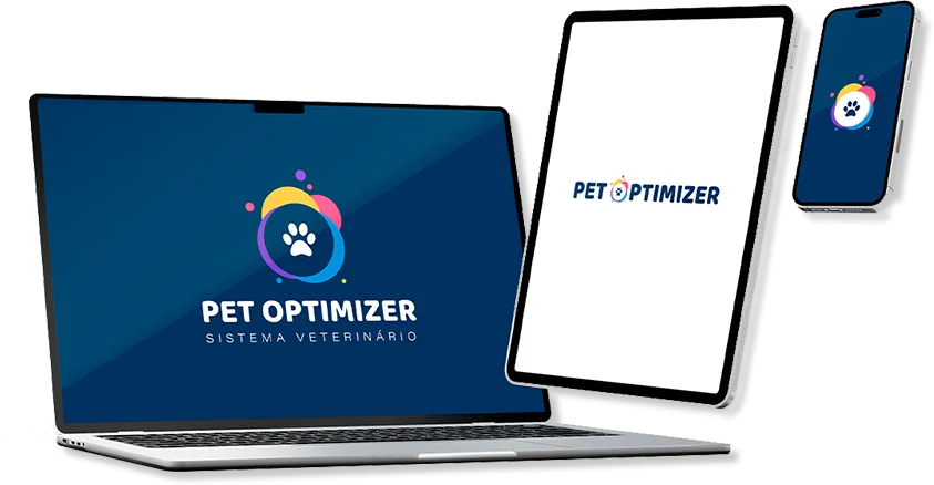 Sistema para clínica veterinária Pet Optimizer em notebook, tablet e smartphone